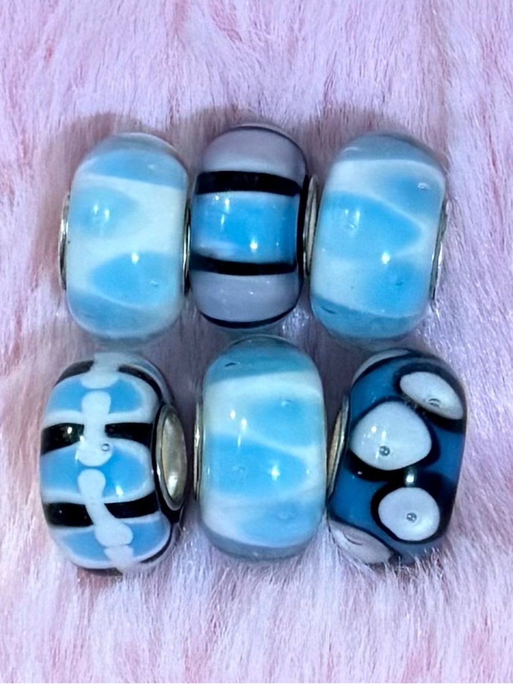 6 Blue and White Glass Murano Spacer Bead Set $10 each